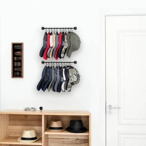 Set Of 2 Black Wall Mounted Hat Racks With 20 Hooks For Caps Visors And Snapbacks installed in entryway.
