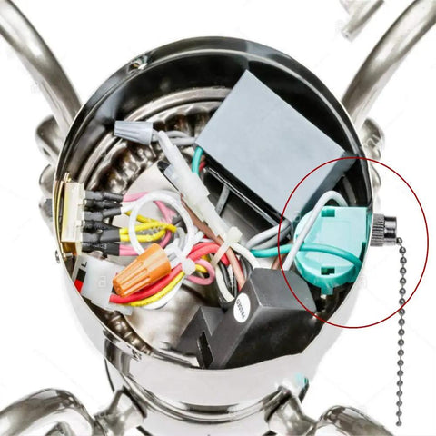 Inside view of ceiling fan mount showing 3 Speed 4 Wire Pull Chain Ceiling Fan Switch Replacement For Ceiling Fans, Wall Lamps, And Cabinet Lights, Easy Install, High Medium Low L1 L2 L3 Off UL Listed CSA Certified Model 268S6.
