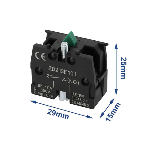 Slick Heavy Duty Green Push Button Switch Rugged 600 Volt 10 Amp Normally Open Contact Block With Silver Terminals side view dimensions 29x25x15mm