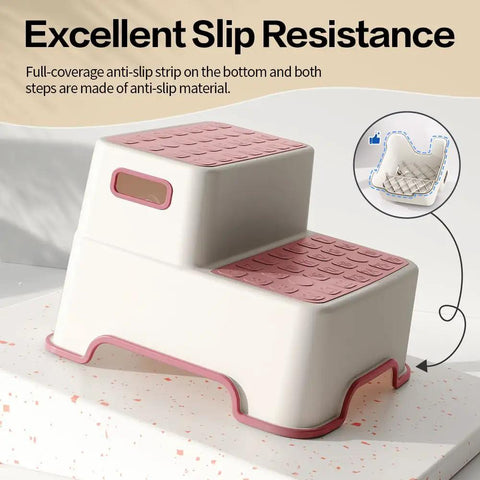 Top Shelf Two Pack Todder Step Stool For Bathroom Sink With Non Slip Rubber Base That Provides Zero Hassle Stability And Helps Kids Grab Their Toothbrush Like A Pro, showing anti-slip design and pink accents.