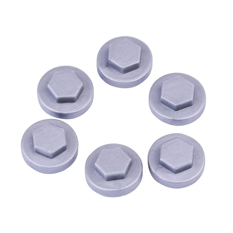 Close-up of 400 Pack Silver Gray 8mm Roofing Screw Covers, durable plastic snap-on protectors for roofs and outdoor construction projects.