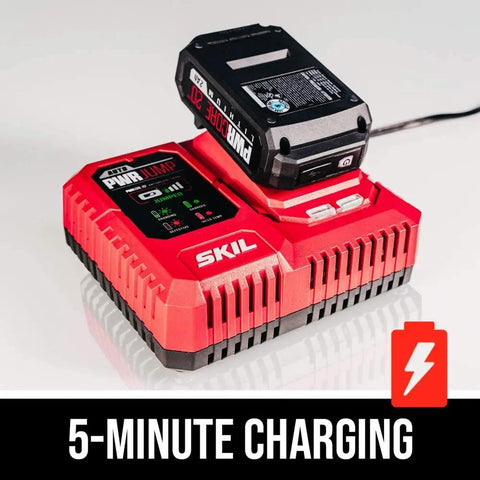 Built Tough Cordless Drill And Impact Driver Combo Kit With Brushless 20 Volt Motors charging station with lithium battery.