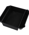 Slick Sliding Center Console Organizer Tray For Tesla Cybertruck 2024 And Up Models Black with double tier design for storage.