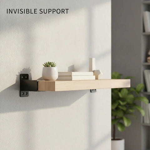 Floating wooden shelf mounted with Hidden Triangle Shelf Brackets 2-Pack, Minimalist Metal Wall Mounts, featuring discreet hardware.