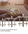 Three Piece Watch Movement Holder Set Pro Grade Heavy Duty Metal Base for stable movement during repairs shown with watch parts.