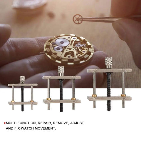 Three Piece Watch Movement Holder Set Pro Grade Heavy Duty Metal Base for stable movement during repairs shown with watch parts.