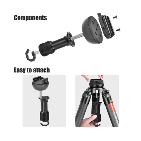Solid 75 Mm Leveling Half Ball Adapter With Fast Turn Lever Lock components being attached to a tripod with a hook.