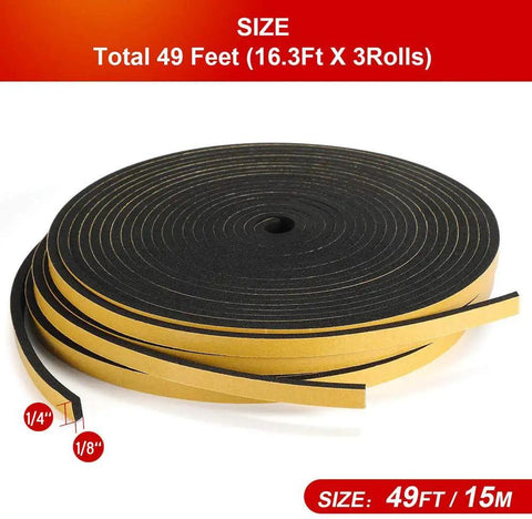 Three Roll Weather Stripping Door Seal Tape 1/4 Inch By 1/8 Inch Foam Self Adhesive Weatherproofing Kit roll showing size