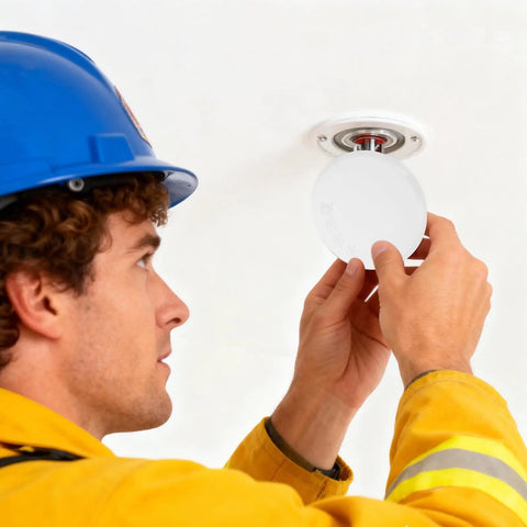 Four Piece Concealed Fire Sprinkler Head Cover Plates White Iron Round Flat Decorative Shield Top Shelf Polish No Sweat Wipe Down Straight Shot Install Pro Grade Safety For House Commercial Spaces being installed by a worker.