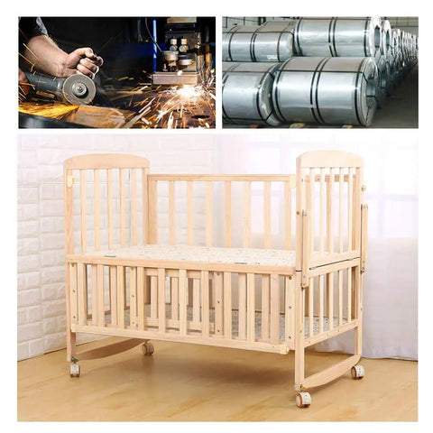 Wooden baby crib with attached four pack rubber swivel caster wheels for easy mobility on wood floor, room setting