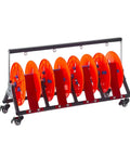 Heavy Duty Folding Cable Rack For Easy Wire Organization And Storage, Rolled Steel Spool Distributor And Spool Holder, orange spools, side view