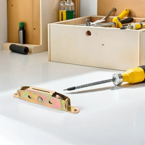 Heavy Duty Sliding Door Window Roller Pair Slick Glide Tandem Pulley Wheels For Older Sash Tracks on a work surface with tools.