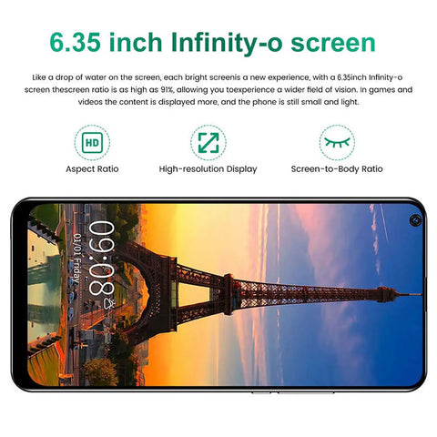 Unlocked 3G Android Smartphone Comes With Dual Sim And A Crisp 6.35 Inch Hd Display showing Eiffel Tower at sunset.