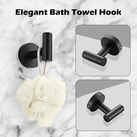 Eight Piece Adjustable Matte Black Bathroom Hardware Set With Telescopic Towel Rail From 15 To 27 Inches Includes Double Towel Bar Stainless Steel Toilet Paper Holder Towel Ring And Robe Hook Wall Mounted shown with bath hook details