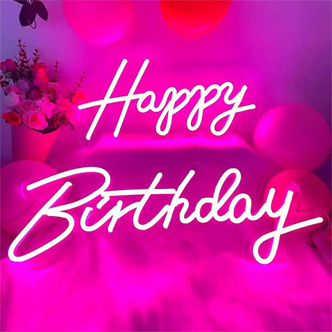 Pink Happy Birthday Neon Sign With Dimmer For Party Decoration And Bedroom Wall Decor Two Panel 16.5x8 And 23x8 Inches