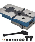 Industrial Precision Mill Vise With Rock Solid Clamping Force And Tough As Nails Cast Iron Jaws for Heavy Duty Milling Drilling showing jaws and bolts.