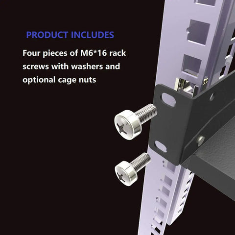 M6*16 rack screws with washers and optional cage nuts for Rock Solid 1U Vented Cantilever Server Rack Shelf.