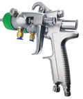 Heavy Duty Double Head Pressure Feed Paint Sprayer Featuring Slick Nano Chrome Nozzles And Killer Smooth Coverage For Badass Industrial Coating And Top Shelf Pneumatic Painting Work With 1000ML Pot Capacity And 13 MM Tips For Flawless Results close-up of chrome paint sprayer handle with green adjustment knob.