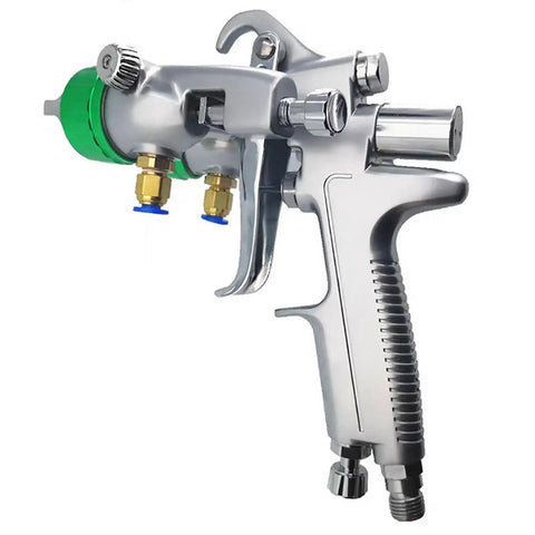 Heavy Duty Double Head Pressure Feed Paint Sprayer Featuring Slick Nano Chrome Nozzles And Killer Smooth Coverage For Badass Industrial Coating And Top Shelf Pneumatic Painting Work With 1000ML Pot Capacity And 13 MM Tips For Flawless Results close-up of chrome paint sprayer handle with green adjustment knob.