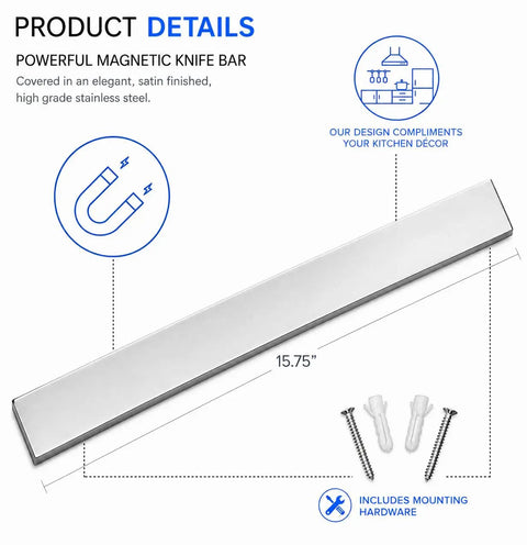 16 Inch Stainless Steel Magnetic Knife Bar for Kitchen Storage and Home Organization with mounting hardware