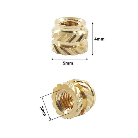 Premium M3 Brass Heat Set Inserts Knurled Threaded Nuts For 3D Printing Plastic Parts And DIY Projects Built To Last High Temperature Resistant Easy Heat Installation 100 Pieces M3x4x5mm shown with measurements.