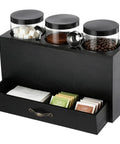 Wood Coffee Bar Organizer Countertop Dispenser Rack With 3 Clear Jars And Pullout Drawer For Coffee Beans Sugar Tea Storage No Cap Coffee Rack.