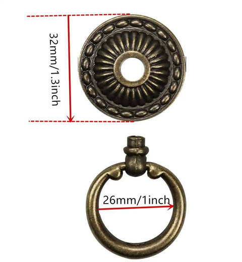 Antique Bronze Ring Pull Knob Set For Cabinets And Dressers, Vintage Drawer Pulls With Screws, Retro Hardware close-up