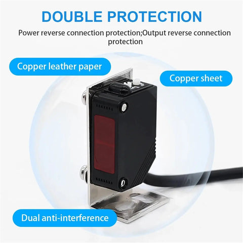 Versatile Photoelectric Proximity Sensor With Diffuse Reflect Through Beam Modes For Industrial Automation Available In 10 Cm 80 Cm 2 M Or 5 M Ranges Wide Voltage Compatibility Durable Protection PNP Option Budget Friendly shown with dual anti-interference and copper components
