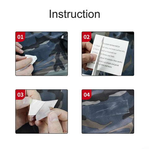High-Strength Clear Inflatable Patch Kit steps: cleaning surface, applying patch, peeling adhesive, finished repair on outdoor gear.