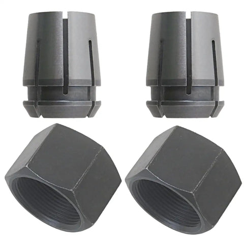 Beefed Up Half Inch Router Collet Kit With 12.7mm Shaft For Dewalt DW618B3 B3E And MRC23EVSK Routers showing collet and nut pairs