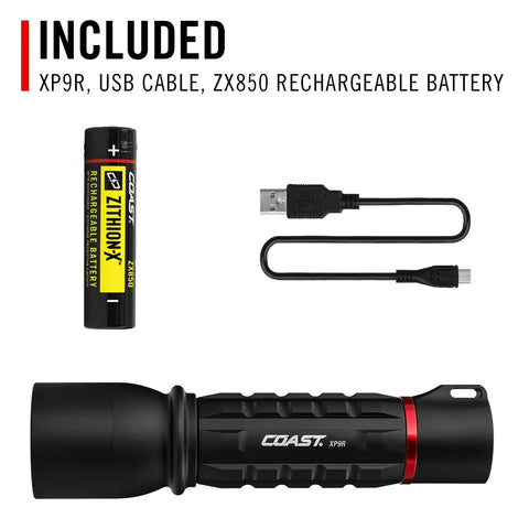 XP9R 1200 Lumen USB-C Rechargeable Dual Power LED Flashlight With Pure Beam Slide Focus and accessories, battery, cable included