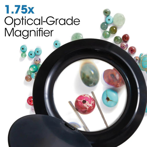 LED Clip On Magnifying Glass With Light For Crafting And Needlework Hands Free Adjustable Arm Desk Lamp Optical Grade Magnification ClearSun LED Technology Perfect Book Light And Reading Lamp showing 1.75x optical-grade magnification on colorful beads