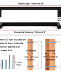 20 Pack Brushed Nickel Square Bar Cabinet Handles Set With Easy Install Six Point Three Inch 160mm Screw Hole Distance Solid Metal Hardware For Kitchen Cabinets Cupboards Bedroom Dressers Drawers Wardrobes Plus Free 25mm And 38mm Screws diagram of handle dimensions and screw sizes