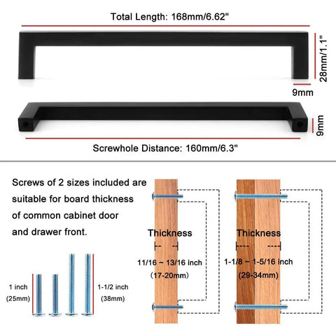 20 Pack Brushed Nickel Square Bar Cabinet Handles Set With Easy Install Six Point Three Inch 160mm Screw Hole Distance Solid Metal Hardware For Kitchen Cabinets Cupboards Bedroom Dressers Drawers Wardrobes Plus Free 25mm And 38mm Screws diagram of handle dimensions and screw sizes