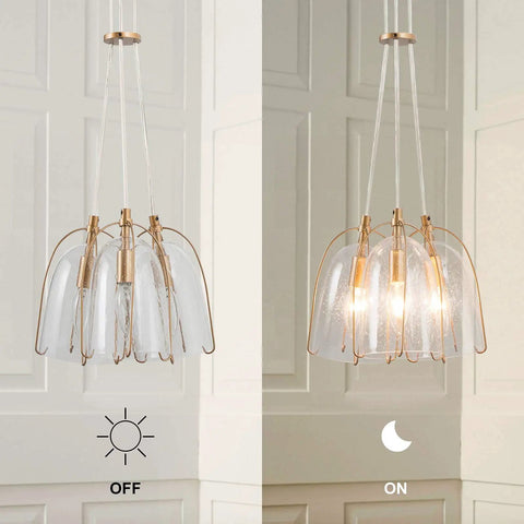 Gold Modern 3-Light Pendant Chandelier With Seeded Glass Shades for Living Room, showing on and off lighting effect.