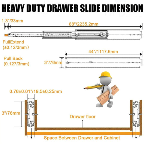 Beefy Heavy Duty Drawer Slides 48 Inch Full Extension dimensions with illustration of side and top mount measurements.