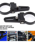 Heavy Duty Aluminum Bull Bar Mounting Bracket Clamps For LED Light Bar On Cars Trucks SUVs ATVs 2.5 Inch Clamp With 360 Degree Rotation No Drill No Weld Install Sponge Pads Protect Paint All In One Kit on display with four usage examples