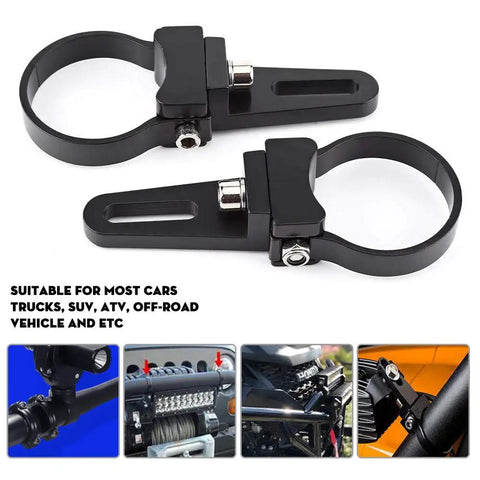 Heavy Duty Aluminum Bull Bar Mounting Bracket Clamps For LED Light Bar On Cars Trucks SUVs ATVs 2.5 Inch Clamp With 360 Degree Rotation No Drill No Weld Install Sponge Pads Protect Paint All In One Kit on display with four usage examples