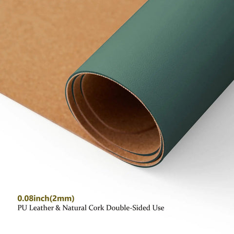 Close-up of rolled Dual Sided Desk Mat with Eco Friendly Cork and PU Leather Surface for Office and Home Large 90 cm by 43 cm Desk Pad Perfect For A Big Mouse Pad And A Slick Desk Setup Dark Green