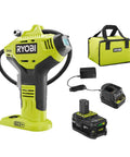Cordless 18V ONE Plus High Pressure Inflator With Digital Gauge 0 To 150 PSI Pistol Grip Comfort Includes Sports Needle And Two High Pressure Nozzles Plus 4.0 Ah Battery Charger And Bag Bulk Packaged showcasing inflator, battery, charger, and bag set