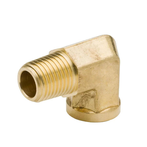 Brass 1/8 in NPT male x 1/8 in NPT female 90-degree street elbow pipe fitting, close-up view