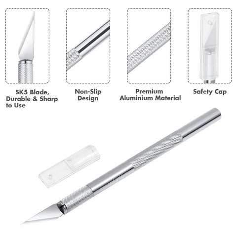 Go To Craft Knife Kit With Self Healing Cutting Mat And 30 SK-5 Blades For Sharp Precision, showing knife close-up with safety cap.