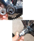 Using Bike Crank Extractor And Bottom Bracket Remover With Spanner Wrench on bicycle, showing durable carbon steel tool in action.