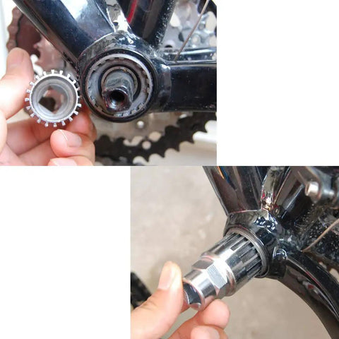 Using Bike Crank Extractor And Bottom Bracket Remover With Spanner Wrench on bicycle, showing durable carbon steel tool in action.