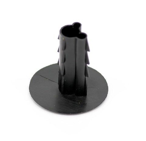 Black plastic single feed-through bushing for RG6 coax, with round base, close-up view.