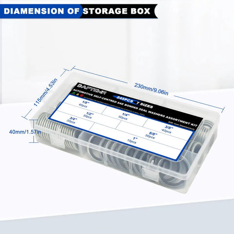 245 Pieces SAE Bonded Sealing Washers Set 7 Sizes NBR Rubber Gaskets Zinc Plated Steel in storage box with dimensions