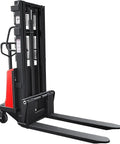 Heavy Duty Semi Electric Pallet Stacker 3300 Lb Capacity 94 Inch Lift Height 48V Battery Pack, side view showing forks and controls.