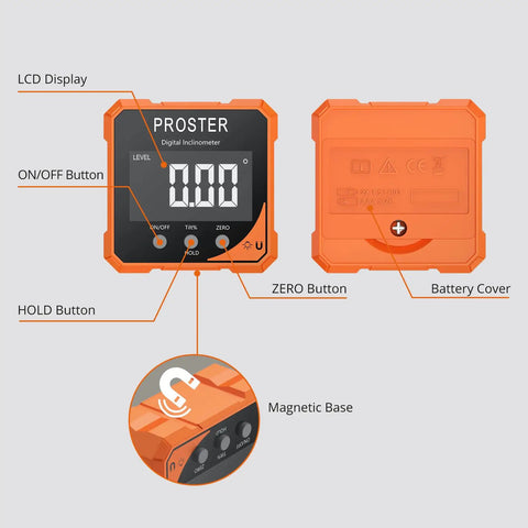 Heavy Duty Digital Angle Finder Torpedo Level Featuring A Dead On Magnetic Mount Plus Super Precise Zero To Ninety Degree Readings For Real Deal Carpentry And Gnarly Builds showing LCD display and control buttons.