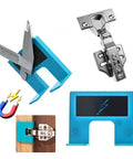 Drill Free Magnetic Hinge Mounting Guide For Quick Door Install And Drawer Latch Setup Adjustable Jig in blue with caliper.