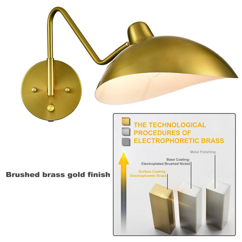 Plug In Wall Sconce Set Of 2 With Adjustable Swing Arm In Gold Brass Finish Easy On Off Switch 2 In 1 Plug In Or Hardwire Design Modern Bedroom Lighting Brass Wall Lamp For Cozy Homes, brushed brass finish highlighted